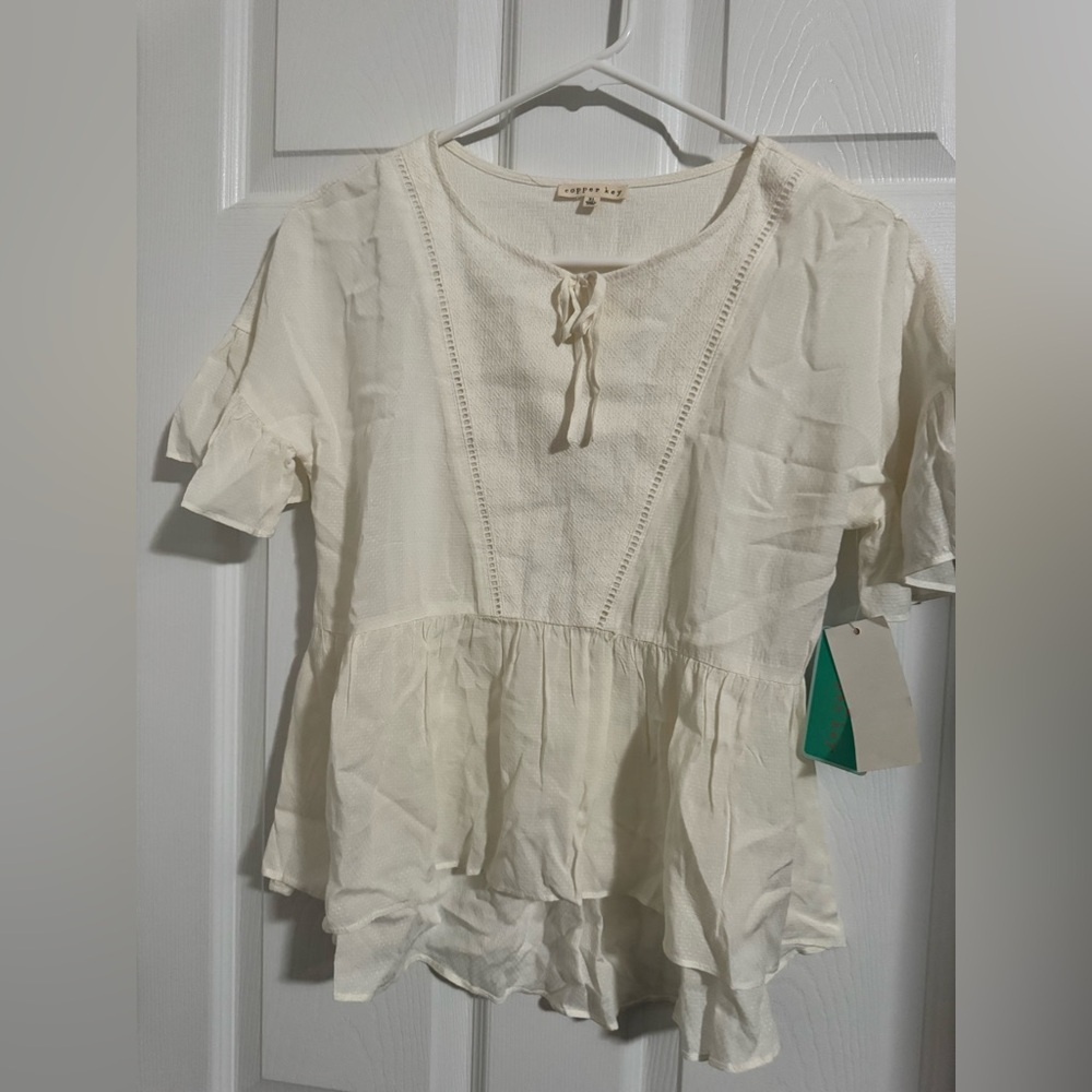 Copper Key Cream Peplum Tie-Neck Blouse